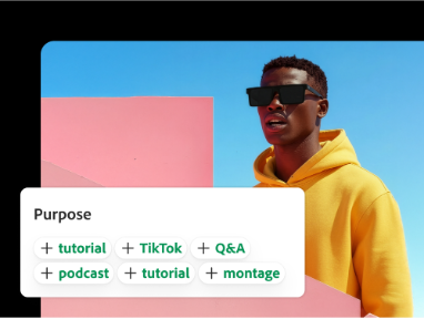 شخص يرتدي نظارة شمسية وسترة صفراء بغطاء رأس مع تراكب يوضح أغراض توليد المسارات الصوتية، مثل الدروس التعليمية، واستخدامات TikTok، والأسئلة والأجوبة، والبودكاست، والمونتاج، على خلفية هندسية وردية وسماء زرقاء.