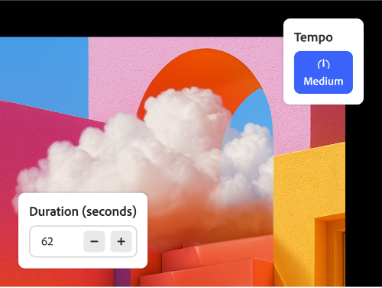 واجهة أداة توليد الموسيقى بالذكاء الاصطناعي تظهر بإعداد Tempo (الإيقاع) بالقيمة Medium (متوسط) وإعداد Duration (المدة) بالقيمة 62 ثانية، مع عرضها على خلفية تجريدية ملونة تمر خلالها سحابة عبر قوس.
