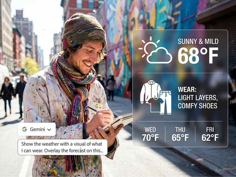 صورة منشأة بالذكاء الاصطناعي لشخص يكتب في دفتر ملاحظات في شارع المدينة مع جدارية ملونة، وطقس مشمس بدرجة حرارة 68 فهرنهايت واقتراح للزي