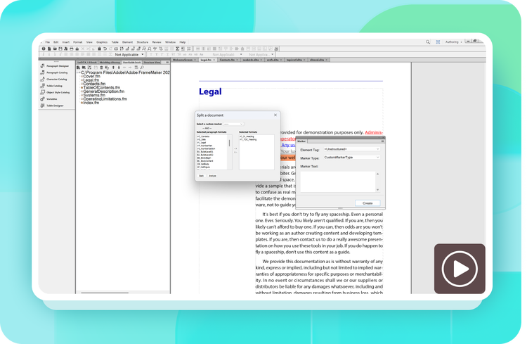 https://main--cc--adobecom.aem.live/cc-shared/fragments/modals/framemaker/framemaker/split-documents-into-chapters#split-documents-into-chapters | Split documents into chapters