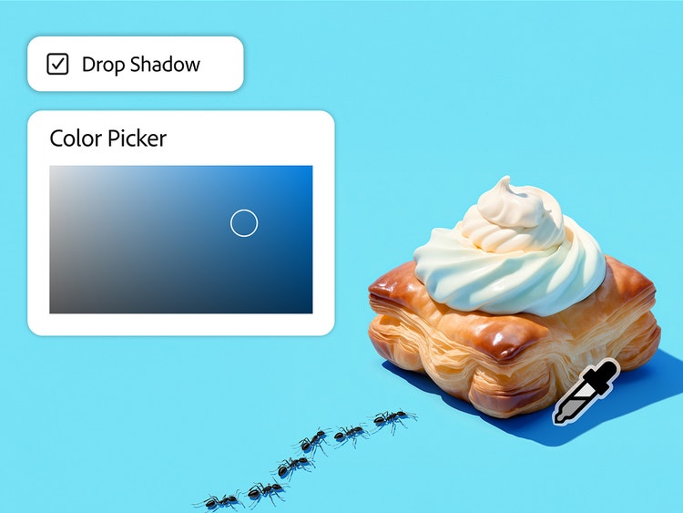 معجنات مورّقة ومن ورائها خلفية زرقاء وبجانبها سرب من النمل، وعلى اليسار قسم من أداة Color Picker (اختيار الألوان) يوضح كيفية اختيار الألوان بدقة مثل الأزرق الداكن من ظل المعجنات.