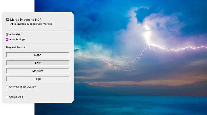 The Adobe {{lightroom}} HDR merge menu superimposed over a photo of lightning in the sky above a lake