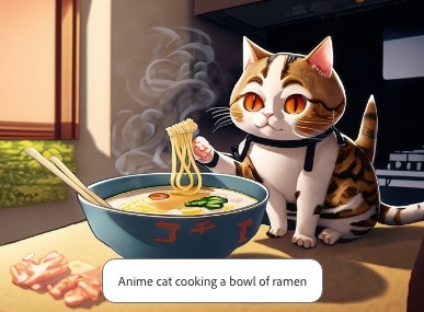 3D style artwork of anime cat cooking a bowl of ramen with preview of text prompt overlay in AI painting generator