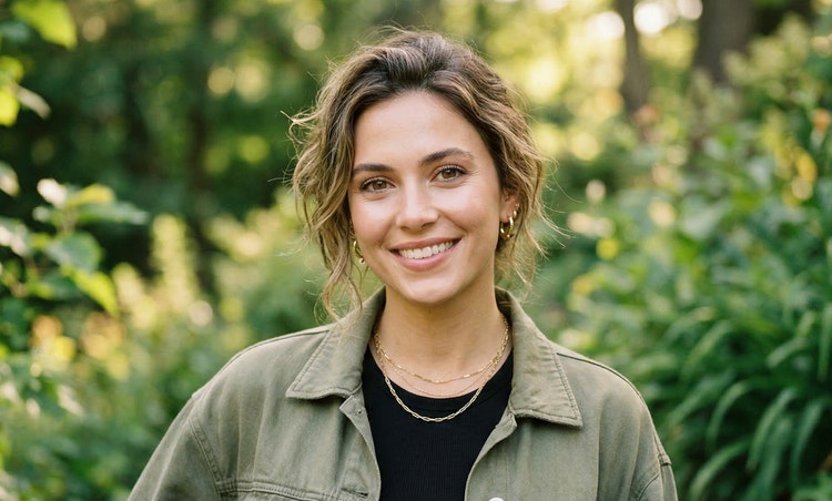 An AI-generated headshot of a young, hip woman with soft-focus greenery in the background.