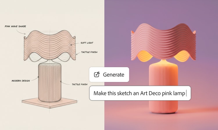 A before-and-after image showing a sketch of an Art Deco lamp and an AI-generated version of the same lamp, along with overlays showing the Generate button and prompt bar in Firefly.