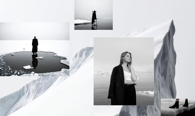 A collage of black-and-white images of a woman looking pensive in a snowy landscape.