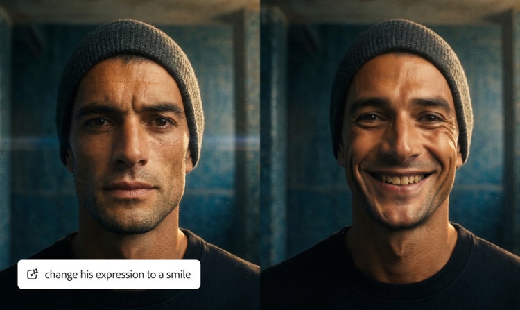 A split-screen comparison of the same AI-generated image of a man, edited by the prompt "change his expression to a smile" on the right with realistic results.