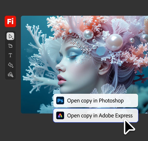 The Firefly UI showing a toolbar, an image of a woman in a coral and pearl headdress, and callouts that say "Open copy in Photoshop" and "Open copy in Adobe Express."