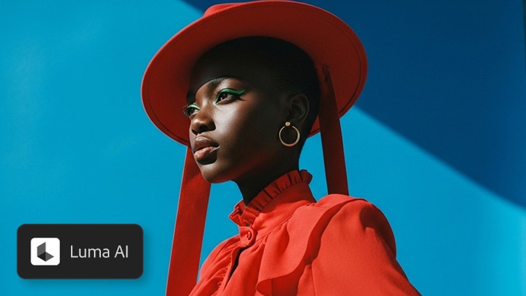 Portrait of a person wearing a red outfit and hat, with green eye makeup, against a bright blue background, labeled 'Luma AI Ray3'.