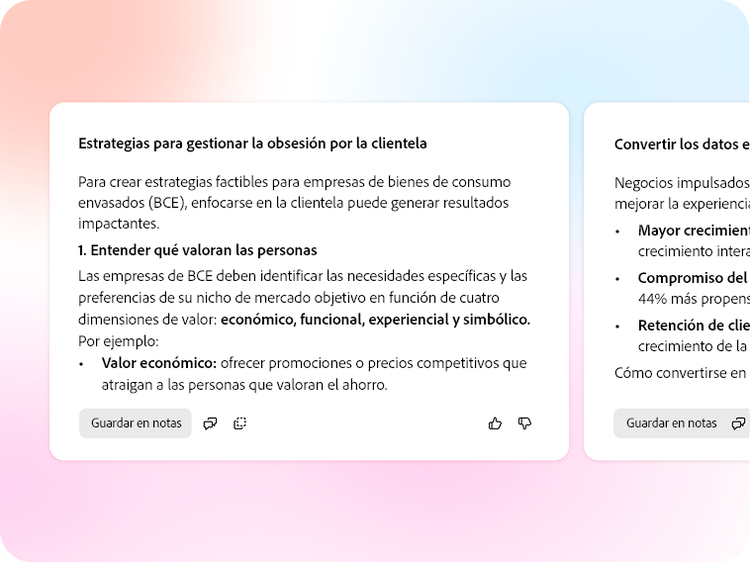 Resumen generado por IA en formato de lista numerada con una opción de botón para Guardar en notas