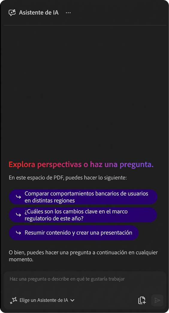 El Asistente de IA de Acrobat en un espacio de PDF, donde se muestran indicaciones sugeridas y un cuadro de chat para hacer preguntas sobre sus archivos.