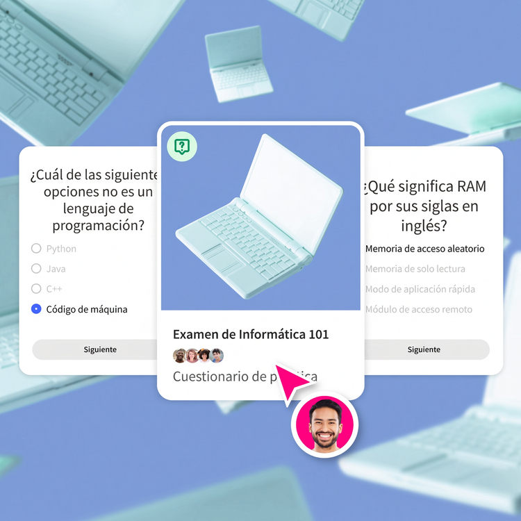 La ilustración de una laptop sobre un fondo azul aparece enmarcada en la portada de un cuestionario de práctica. A su izquierda y derecha, se muestran tarjetas con preguntas del tema