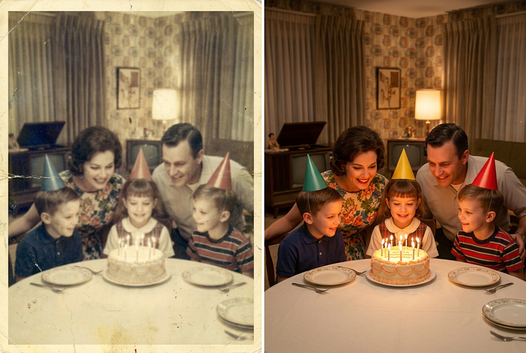 Vista comparativa antes y después de una fotografía familiar de cumpleaños de los años 60 que muestra resultados de restauración con IA