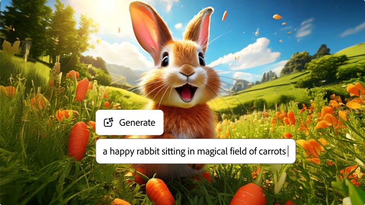 Dibujo animado en 3D de un conejo en un campo mágico de zanahorias, con la indicación de texto para diferentes estilos artísticos en el generador de personajes con IA