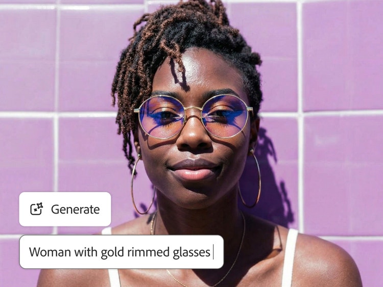 Imagen de una mujer generada con IA con gafas de marco dorado mirando directamente a la cámara