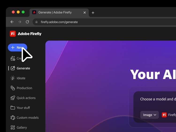 https://main--da-cc--adobecom.aem.page/cc-shared/assets/products/firefly/features/video-upscaler/media_16f258e57aa57d3e8f980224eab90aba618229f13.mp4 | Detalle de la pantalla de inicio de Adobe Firefly, con el cursor sobre el botón Nuevo