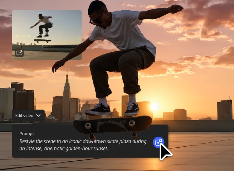 https://main--da-cc--adobecom.aem.page/cc-shared/assets/firefly/video/video-to-video/media_177f6cfaf641ef8f881a653a066eece730a9cedc4.mp4#_autoplay | Un skater realiza un truco en una azotea al atardecer mientras la escena se transforma en un espectacular paisaje urbano durante la hora dorada, con una iluminación más cálida, colores más intensos y una atmósfera más cinematográfica
