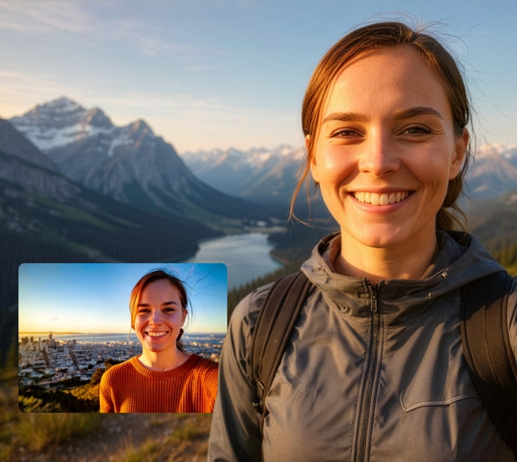 Mujer sonriente con equipo de senderismo tomándose una selfie durante la hora dorada, con un valle montañoso y un lago de fondo, junto a un retrato de referencia de la misma mujer en un entorno urbano