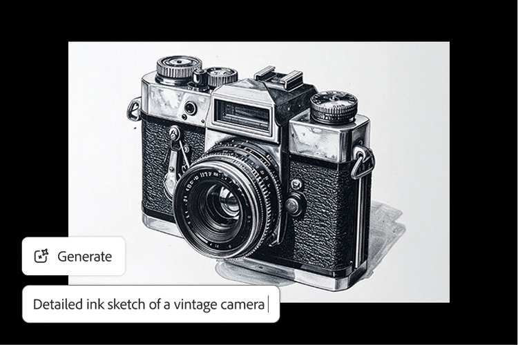 Dibujo con líneas detallado y realista de una cámara analógica generado con la indicación “Boceto en tinta detallado de una cámara vintage”