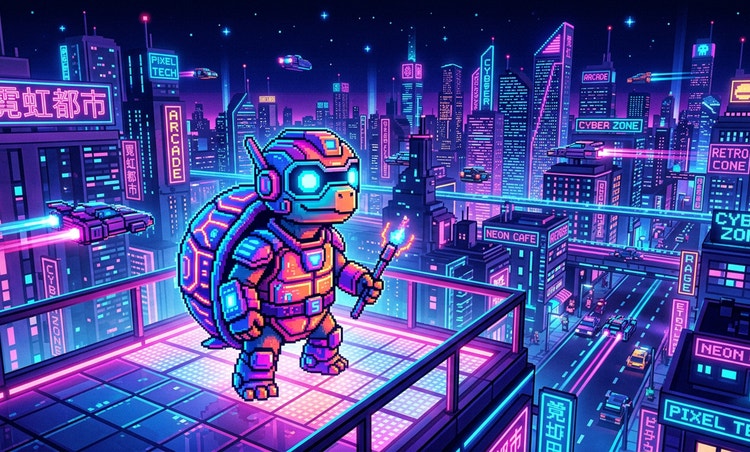 Imagen pixelada de color azul y morado de una tortuga y una superposición de la indicación textual “Personaje de una tortuga en estilo arte de píxel retro, con iluminación cinematográfica y luminosa…”