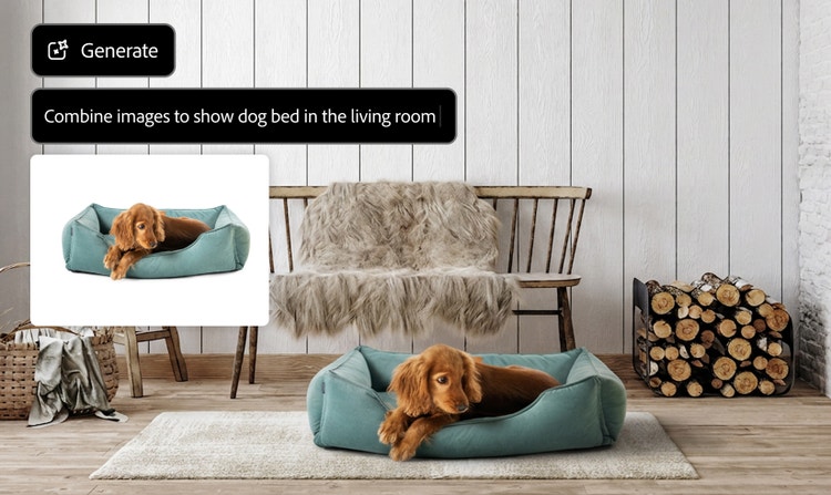 Imagen de un perro descansando en una cama para mascotas color verde azulado en una sala acogedora, creada al combinar una imagen separada del perro y la cama con la escena del interior