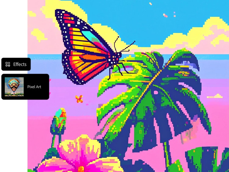 Imagen pixelada de una mariposa sobre una hoja, con la interfaz de uso superpuesta en la imagen que muestra el efecto arte de píxel seleccionado