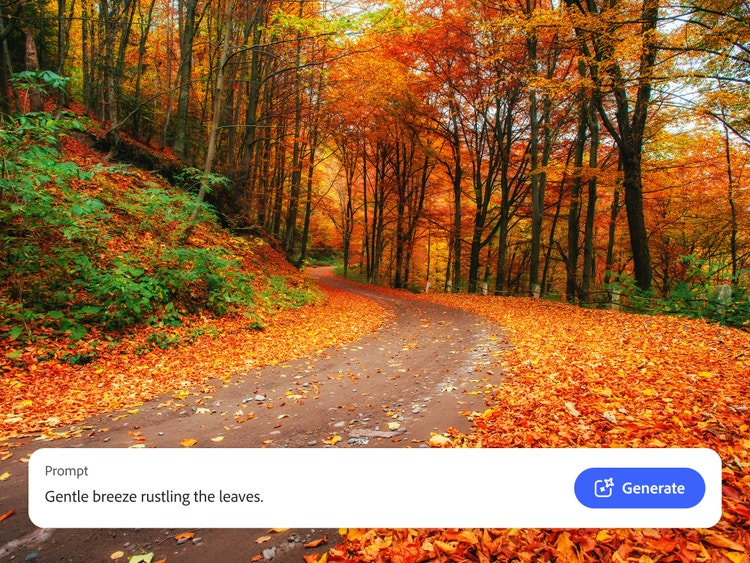 Paisaje otoñal con hojas brillantes rojas y doradas y la indicación de texto que se utilizó en Firefly para generar un efecto de sonido de la naturaleza realista del viento moviendo las hojas.