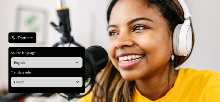 Una mujer con una camiseta amarilla y auriculares sonriendo frente al micrófono con una imagen superpuesta de la herramienta Traducción con IA para traducir contenido en español