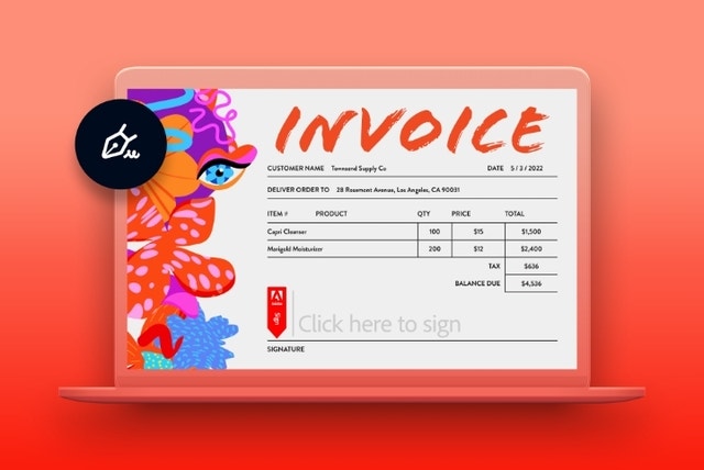 An example of an invoice document on a laptop. At the bottom of the invoice is a space to sign electronically using Adobe Acrobat Sign.