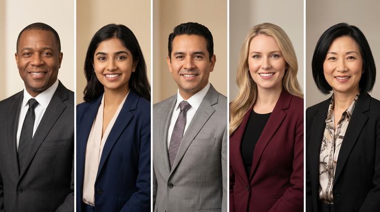 A collage of five diverse professional headshots generated by AI
