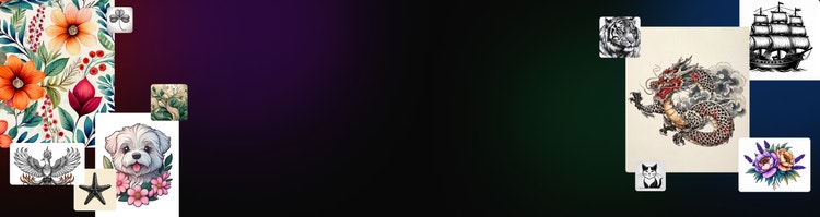 Banner with collage showing colourful variations of AI generated tattoo designs displayed in grid format