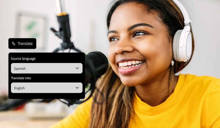 A smiling woman in a yellow shirt wearing headphones at a microphone with AI translation tools overlay for translating Spanish.