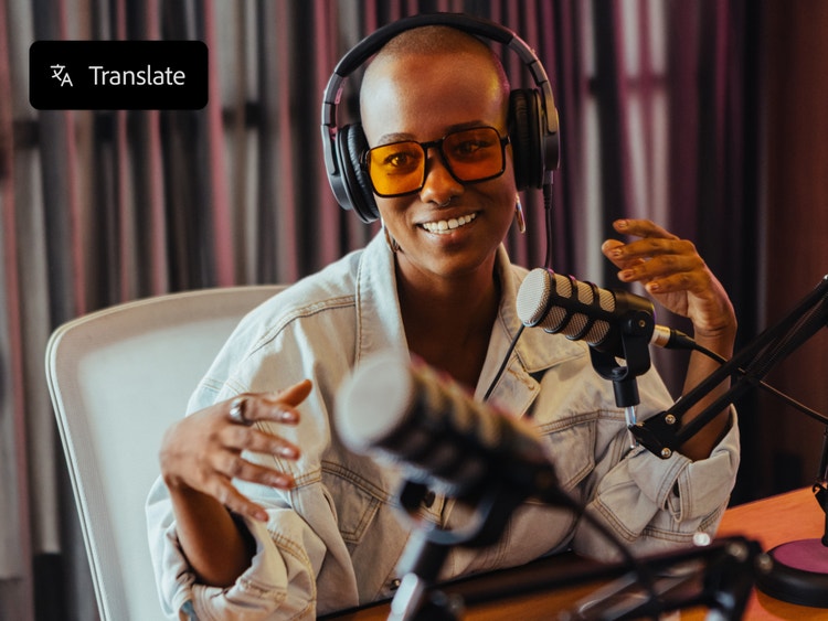 A woman wearing headphones and sunglasses speaking on a podcast with AI translation tool overlay.