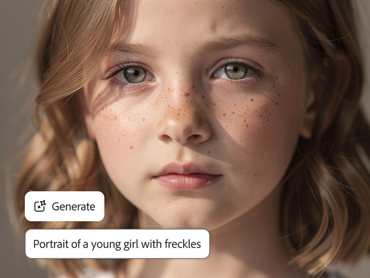 AI-generated portrait of a young girl with freckles.