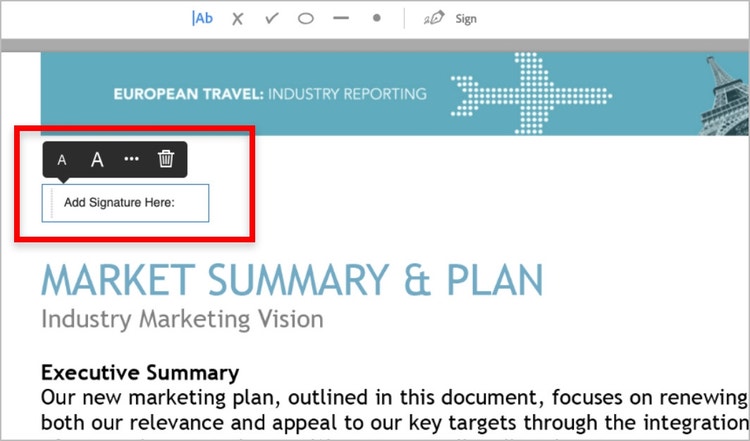 A market summary & plan document with a red outline around the option to add a signature.