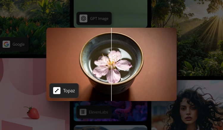 Kolaj menampilkan imej terbelah bunga sakura dalam mangkuk. Bahagian kanan imej lebih tajam hasil daripada peningkat video Topaz Astra.