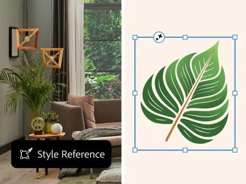 imej dengan lukisan daun di sebelah bilik yang dipenuhi kehijauan, serta butang Rujukan Gaya bertindih di atas imej itu