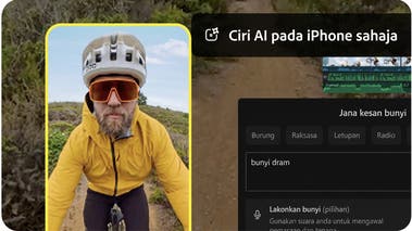 Seorang penunggang basikal berjaket kuning di sebelah paparan UI ciri Jana Kesan Bunyi. Ciri AI pada iPhone sahaja