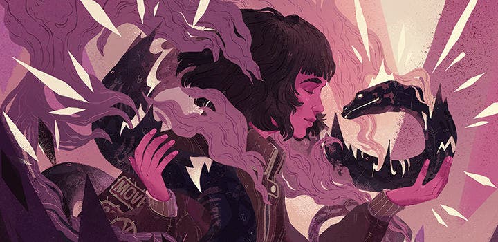 Lukisan digital watak yang sedang memegang ular.