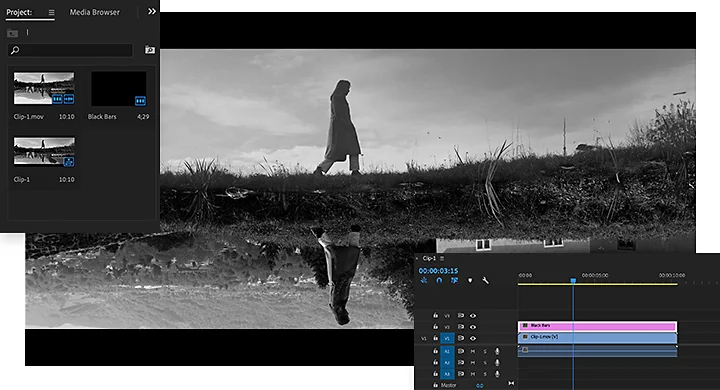 The Adobe {{premiere}} project/media browser pane and timeline pane superimposed over a grayscale image of a person walking through grass