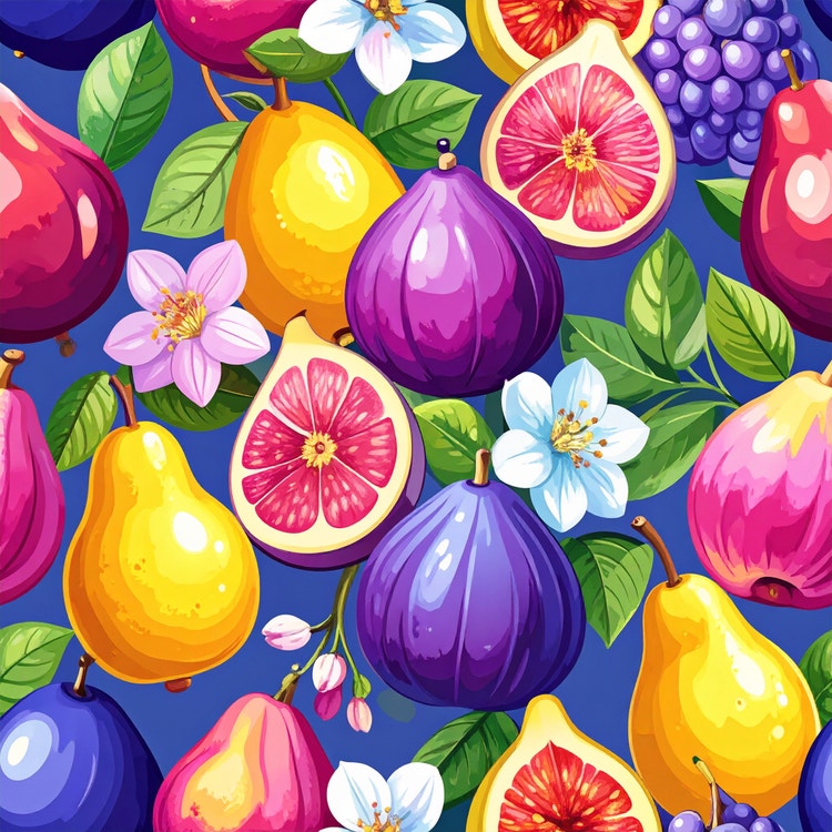 Imej yang dijana AI bagi corak lancar yang terang dan dicat tangan menampilkan pear, buah tin, plum, hirisan sitrus dan bunga dalam gaya ilustrasi berwarna-warni