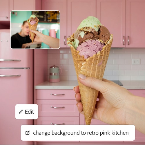 Imej kon ais krim yang ditawarkan kepada seorang wanita diedit dalam Firefly untuk menambah latar belakang baharu dapur retro berwarna merah jambu.