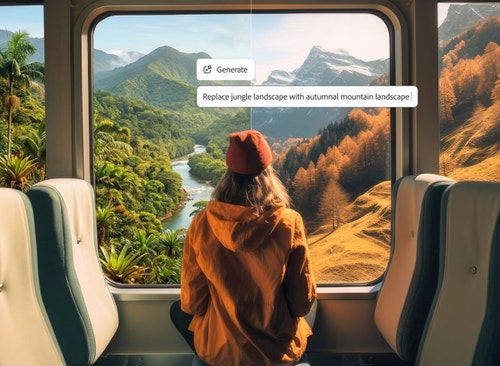 Foto seorang wanita memandang keluar tingkap dengan gesaan 'Gantikan landskap hutan dengan landskap gunung musim luruh'
