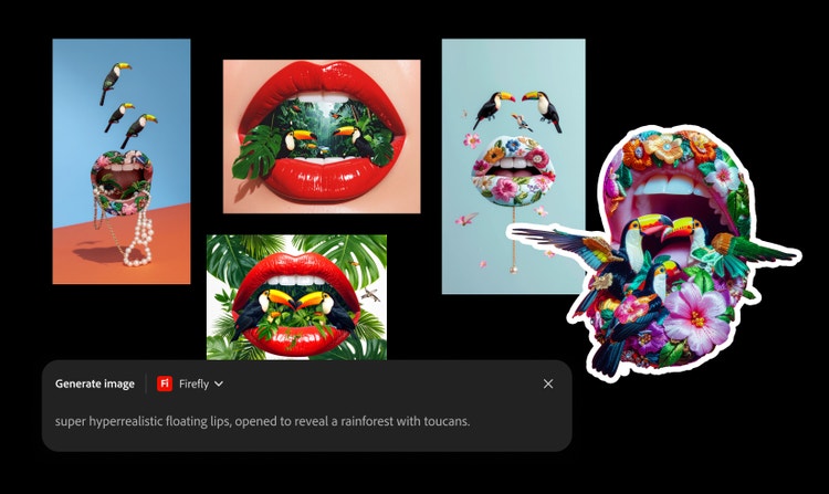 Imej bibir merah, daun hutan dan burung toucan dalam pelbagai kombinasi diedit dengan pelbagai alat Firefly dan aplikasi Adobe.