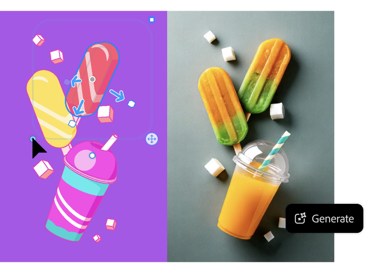 Perbandingan sisi ke sisi seni rujukan berwarna-warni di sebelah kiri dan imej 3D aiskrim loli dan slushie yang dihasilkan di sebelah kanan dalam alat Adegan kepada imej