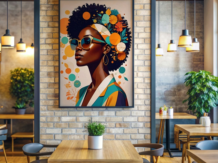 Dalaman kafe moden dengan meja dan lampu bergantung, menampilkan ilustrasi potret bergaya berbingkai yang dipamerkan pada dinding bata.