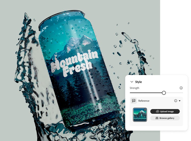 Imej soda janaan AI boleh dikelilingi oleh percikan air, dengan tetingkap UI yang menunjukkan cara imej rujukan gaya gunung boleh digunakan.