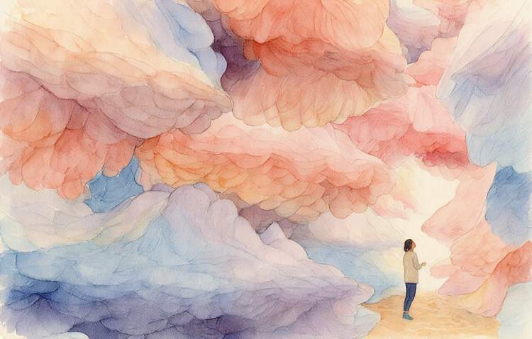 Warna air yang dijana AI menampilkan seorang wanita berdiri di ngarai yang diperbuat daripada bentuk-bentuk besar, mengalir dan bersemangat.