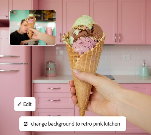 Imej kon ais krim yang ditawarkan kepada seorang wanita diedit dalam Firefly untuk menambah latar belakang baharu dapur retro berwarna merah jambu.