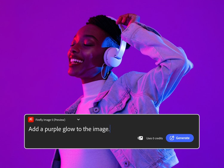 Seorang yang memakai fon kepala dan jaket denim tersenyum sambil menari mengikut muzik dengan gesaan teks editor foto AI Firefly yang digunakan untuk menambahkan cahaya ungu pada imej.